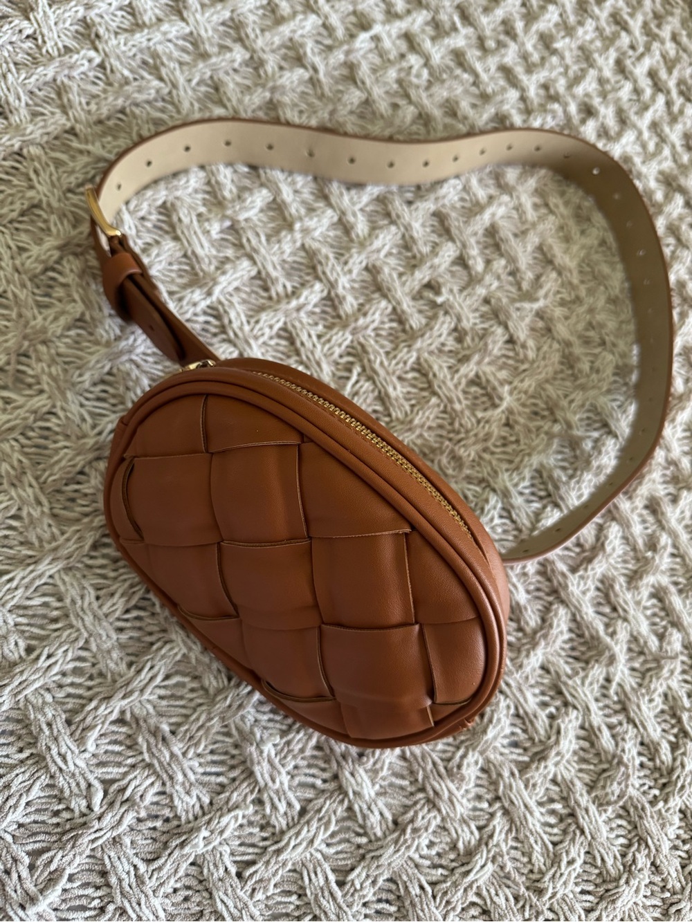 Woven Leather Belt Bag in Cognac